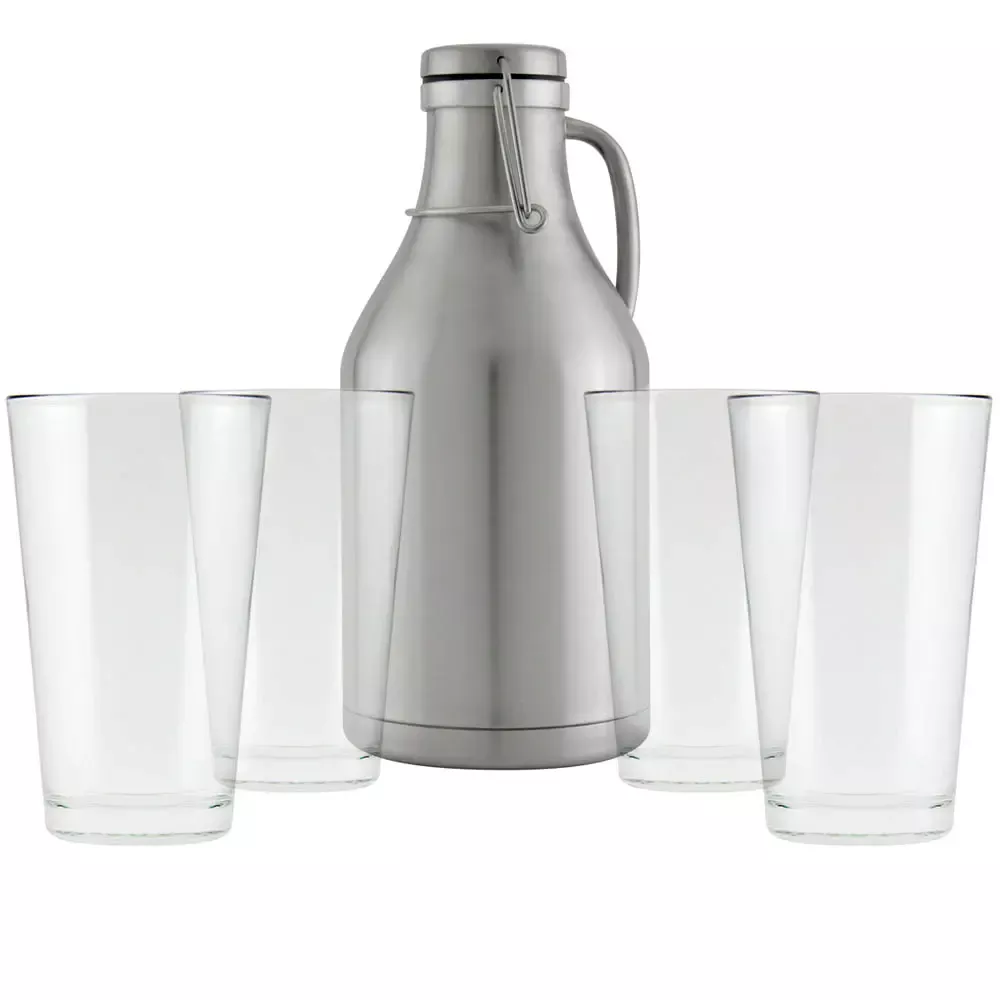 64-oz. Stainless Steel Beer Growler with 4 16-oz. Pint Glasses