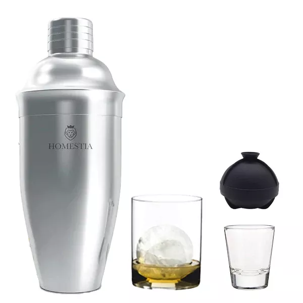 Clear Shot Glass, Clear Whisky Tumbler, Stainless Steel Cocktail Shaker, Sphere Ice Ball MoldBundle