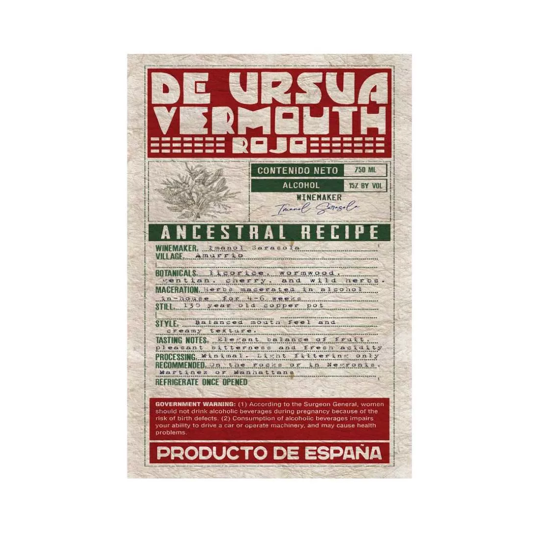 DE URSUA VERMOUTH ROJO 750ML