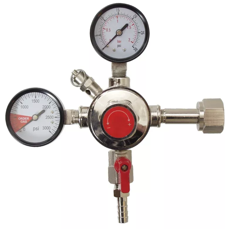 Fermentap Dual Gauge CO2 Regulator | 30 PSI Low Pressure Gauge | Built-In Pressure Relief Valve | On /Off Valve with Barb | 1 /4