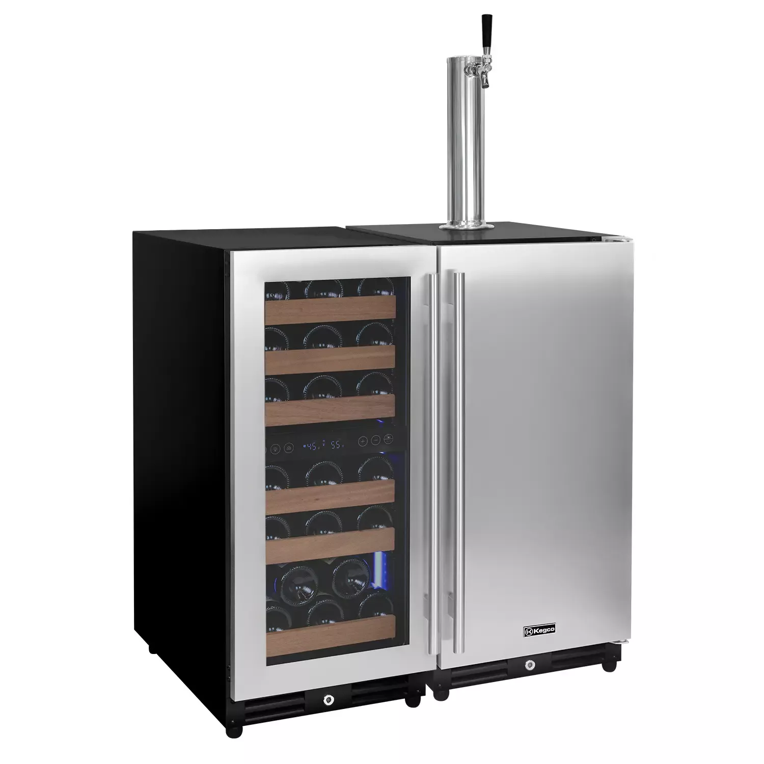 Kegco 30" Wide Side-by-Side Dual Zone Wine Refrigerator and Single Tap Kegerator