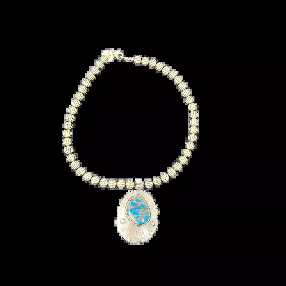 Kingman Ithica Peak Turquoise Pendant & Silver Beaded Necklace