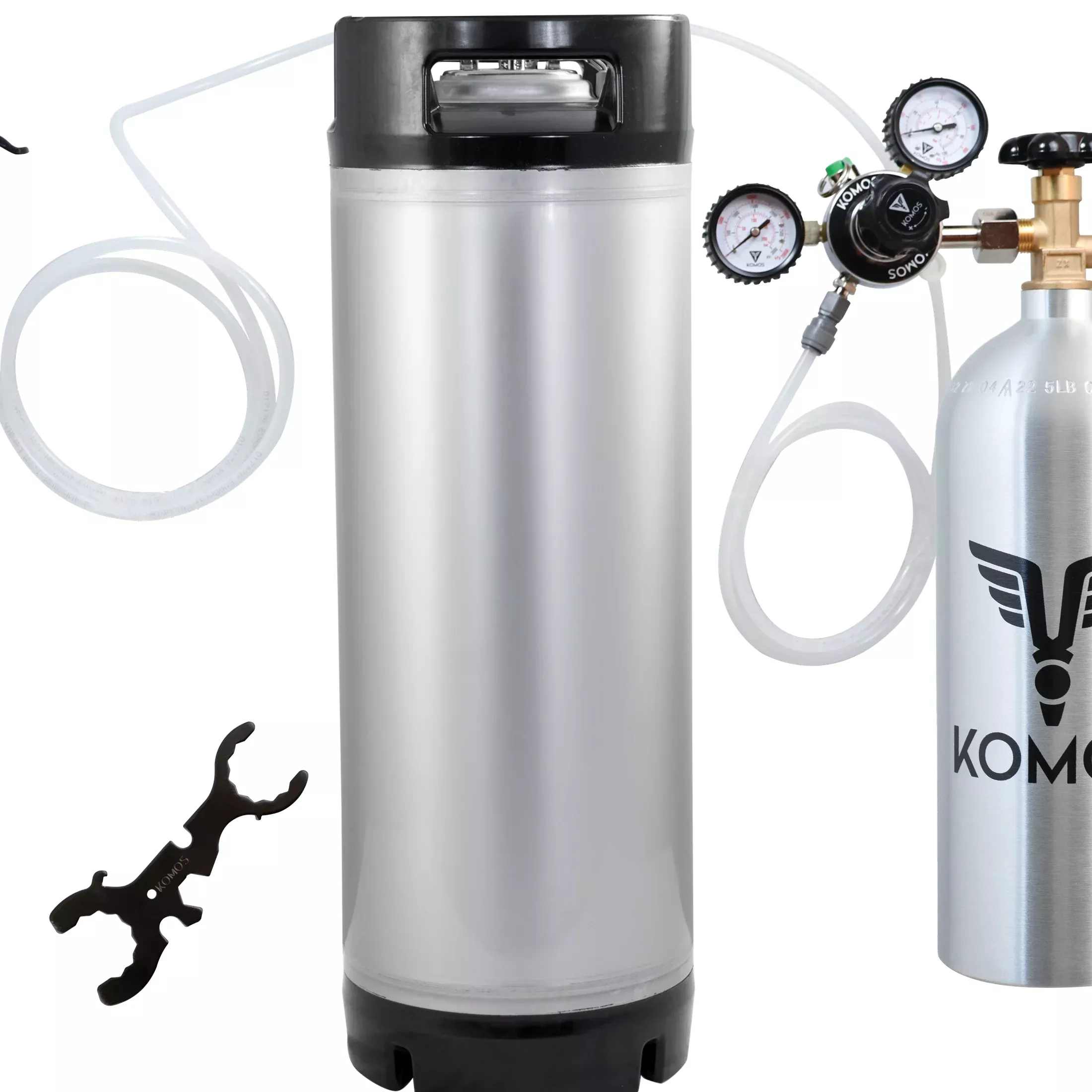 KOMOS Homebrew Kegging Kit | Ball Lock Keg | Corny Keg | Premium Dual Gauge Regulator | Easy Push Connect Fittings