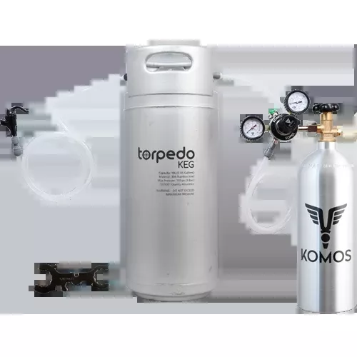 KOMOS Homebrew Kegging Kit | Ball Lock Keg | Torpedo Keg | Premium Dual Gauge Regulator | Easy Push Connect Fittings
