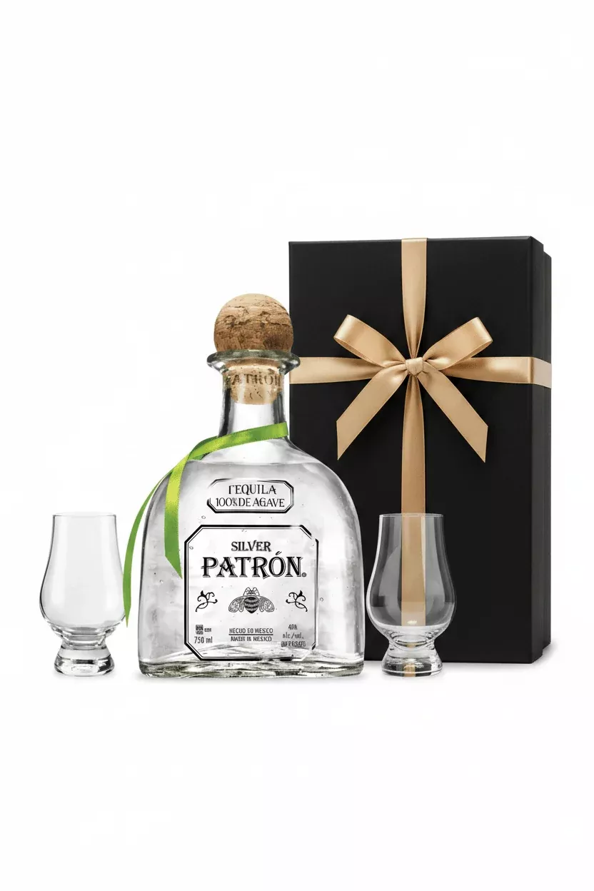 Patrón Silver Blanco Tequila Gift Set W/ Gift Box and 2 Glasses