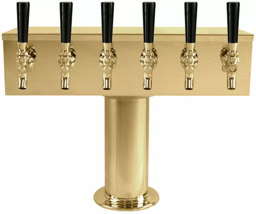 "T" Style 6 Tap Beer Tower – PVD Brass – Air Cooled – 4" Column