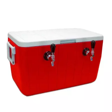 UBC Double Faucet Jockey Box - 48 Qt., Two 5/16" O.D. 70' SS Coils - Red